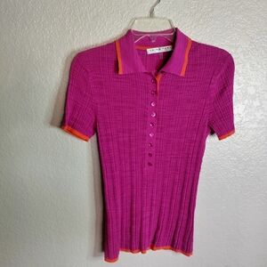 Trina Turk Excursion Polo Fuschia Pink Orange Gauzy Stretchy Knit Sz S